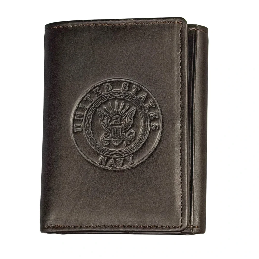 United States Navy Trifold Wallet Brown Genuine Calf Leather Embossed USN Logo